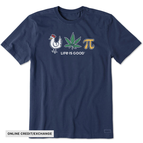 Dark blue short-sleeve T-shirt with a chicken, cannabis leaf, and pi graphic on the chest