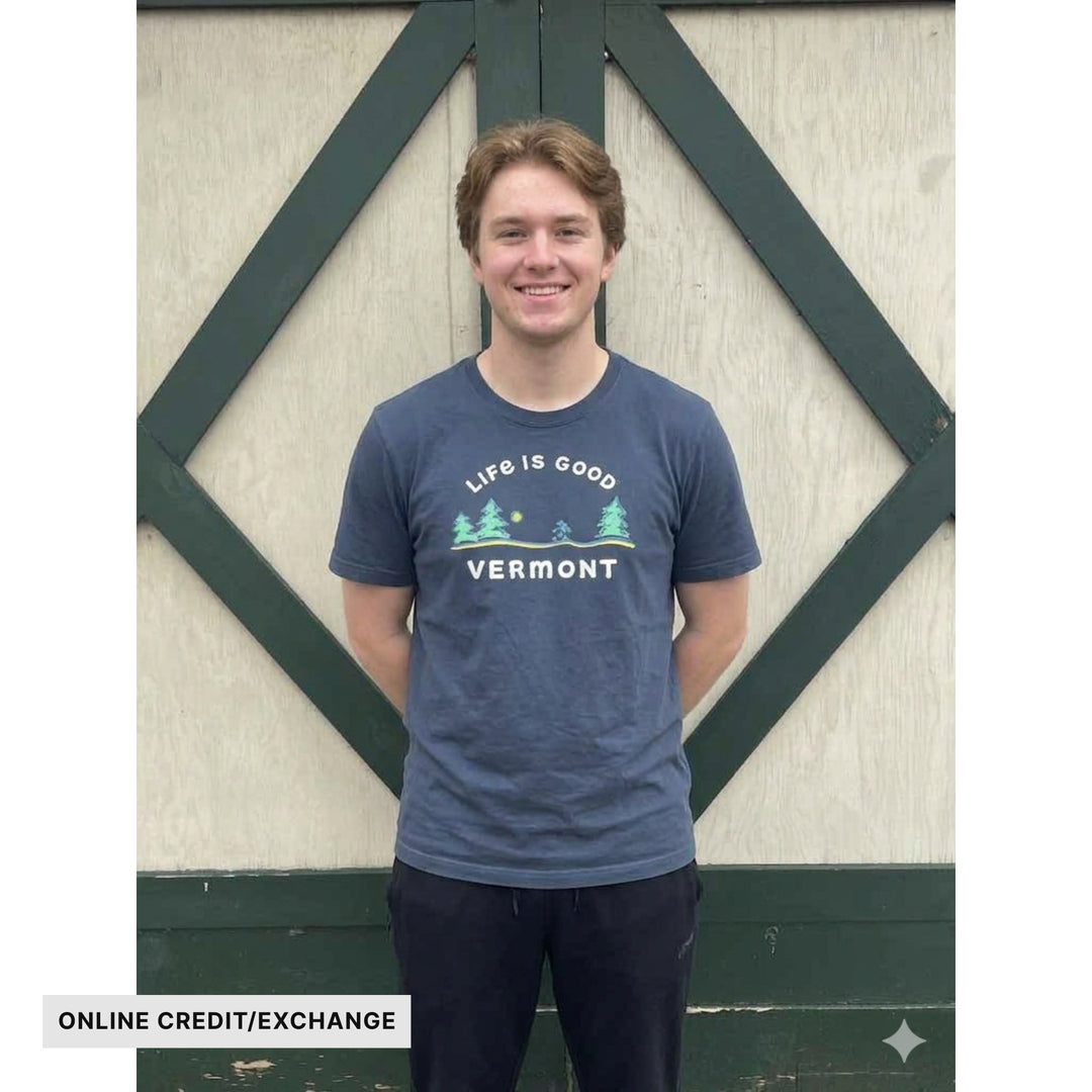 Dark blue T-shirt with a "Life is Good Vermont" graphic