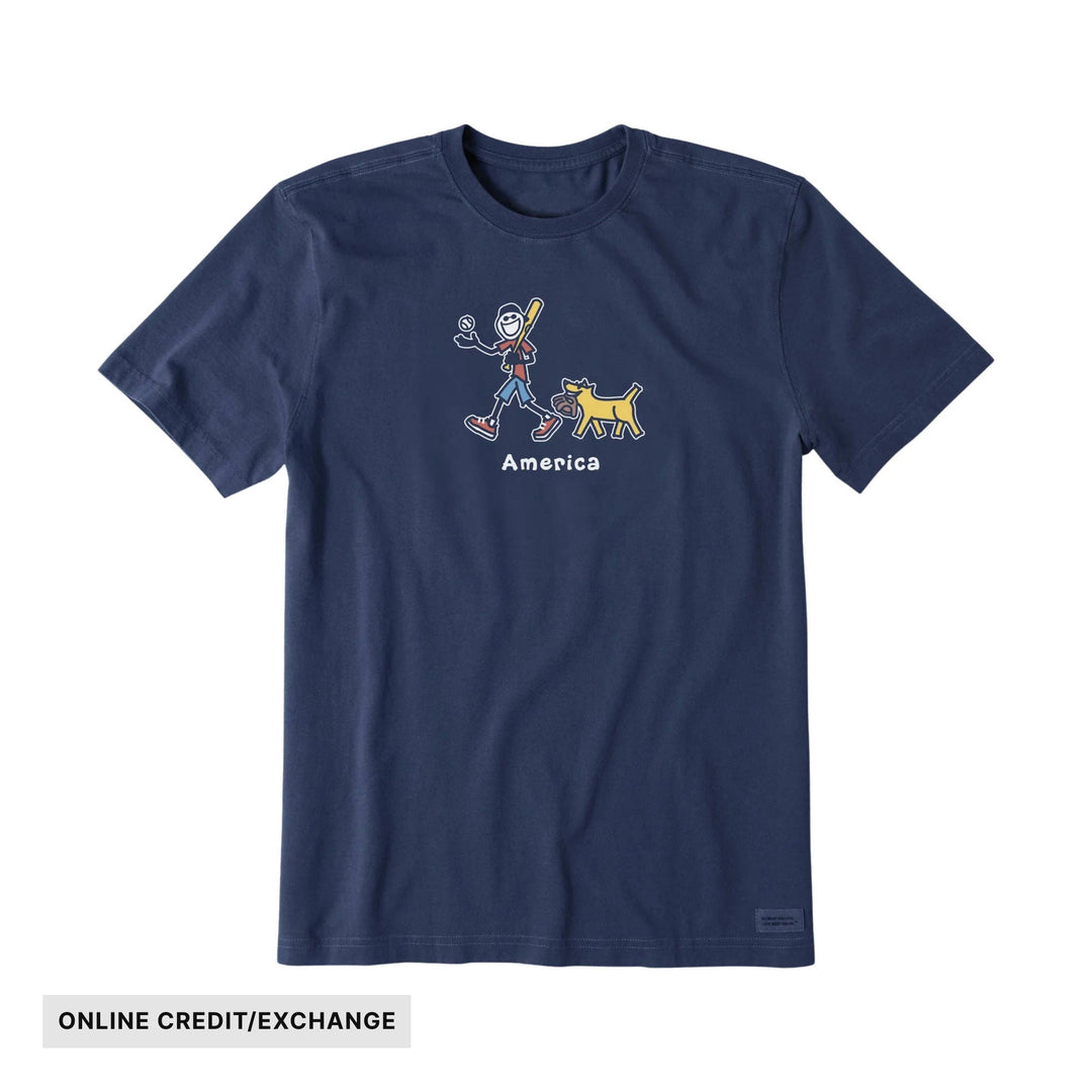 Navy short-sleeve T-shirt with a baseball graphic, the word "America," and an "ONLINE CREDIT/EXCHANGE" label