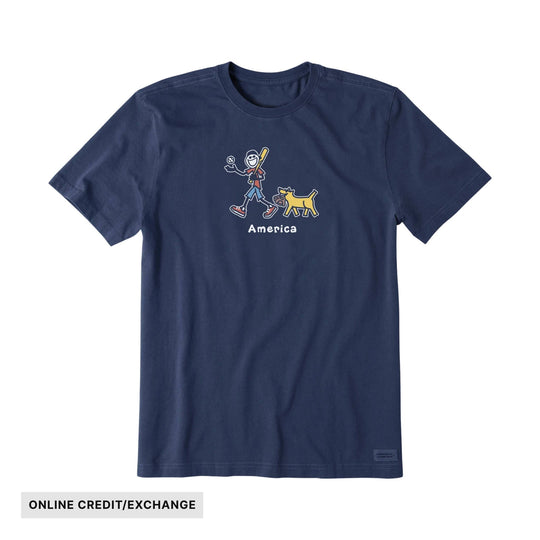 Navy short-sleeve T-shirt with a baseball graphic, the word "America," and an "ONLINE CREDIT/EXCHANGE" label
