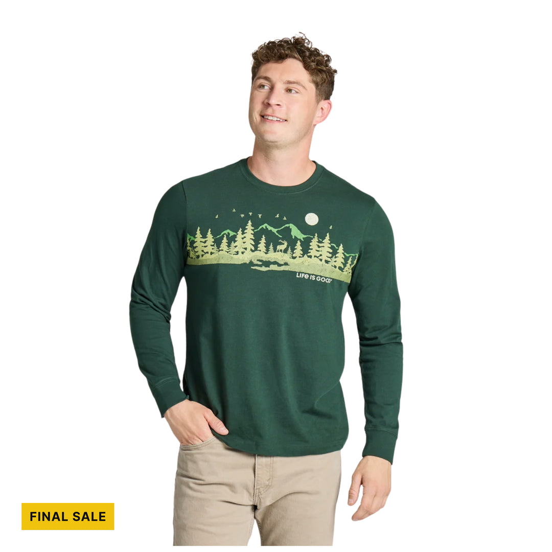 Life Is Good Men's Moose in the Outdoors Landscape Long Sleeve Crusher Tee - Treeline Green - FINAL SALE - Lenny's Shoe & Apparel