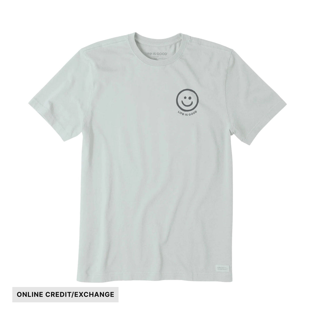 Light gray short-sleeve T-shirt with a small smiley face logo on the chest and ONLINE CREDIT/EXCHANGE text below