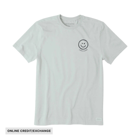 Light gray short-sleeve T-shirt with a small smiley face logo on the chest and ONLINE CREDIT/EXCHANGE text below