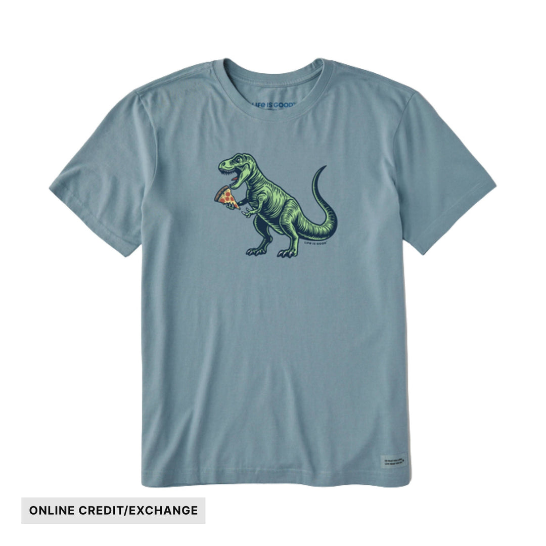 Light blue short-sleeve T-shirt with a T-rex holding a pizza slice graphic