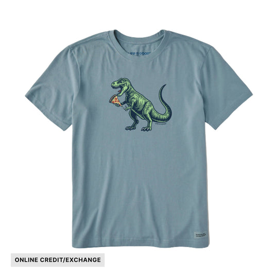 Light blue short-sleeve T-shirt with a T-rex holding a pizza slice graphic