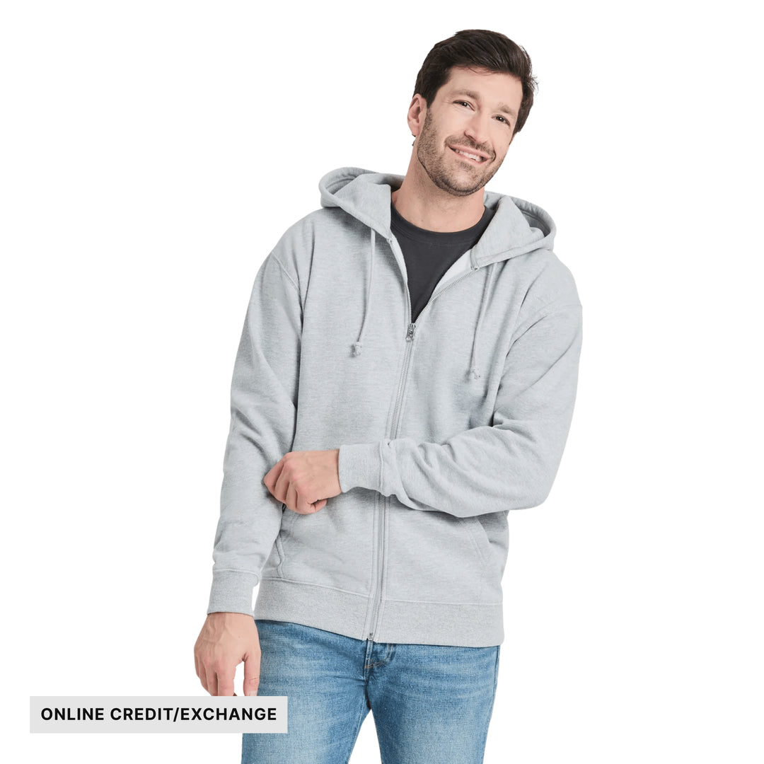 Light gray zip-up hoodie with drawstrings and front pockets, worn over a dark T-shirt