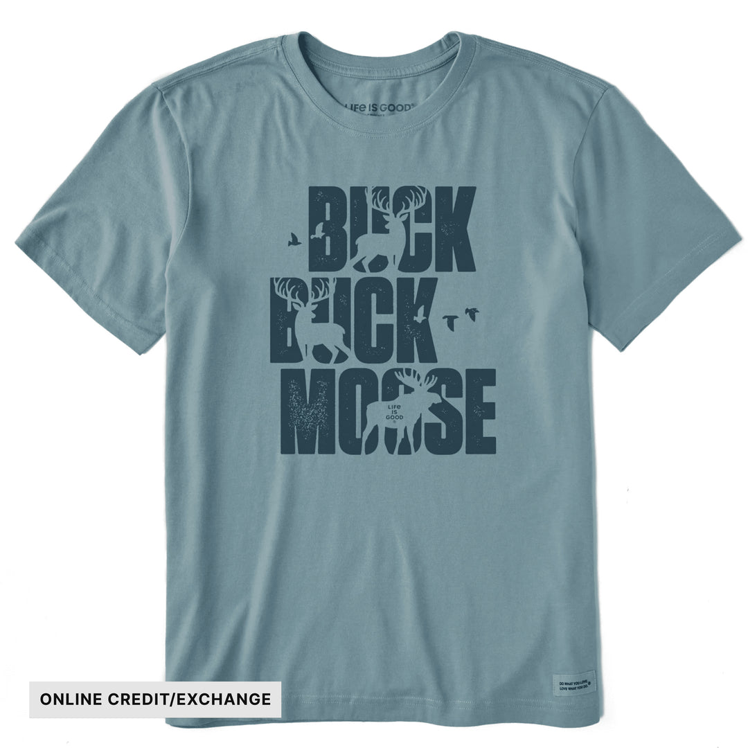 Life Is Good Men's Typeout Buck Buck Moose Bold Short Sleeve Tee - Smokey Blue - ONLINE CREDIT/EXCHANGE - Lenny's Shoe & Apparel