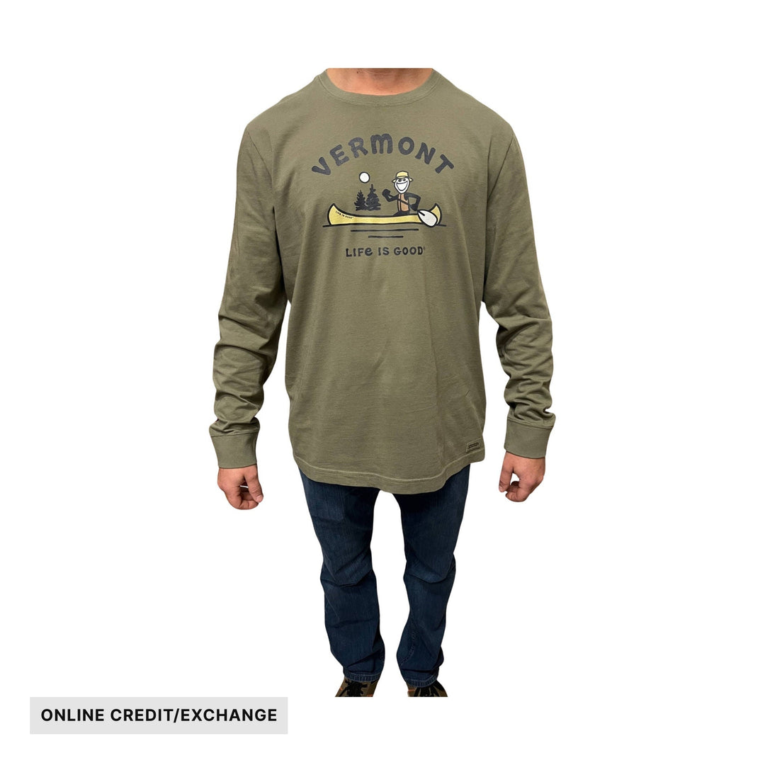Olive long-sleeve graphic tee with canoe and Vermont text