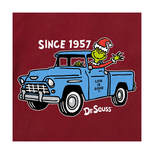 Blue Grinch graphic sweatshirt design with a red truck and the text Since 1957.