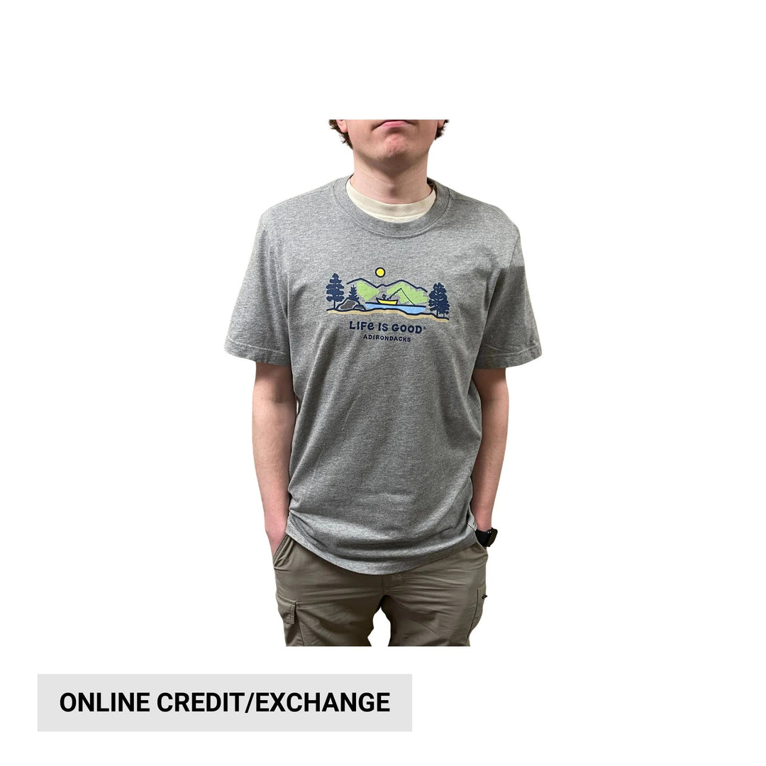 Heather gray T-shirt with a small Adirondacks fishing graphic and visible front text