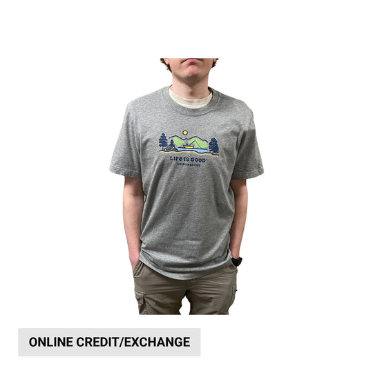 Heather gray T-shirt with a small Adirondacks fishing graphic and visible front text