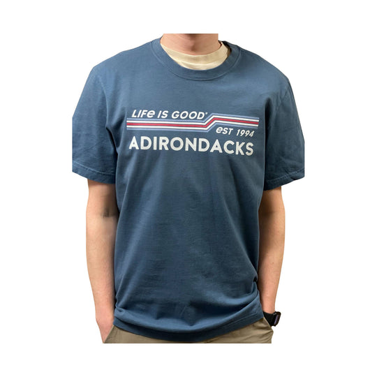 Blue short-sleeve T-shirt with white graphic text and striped chest design