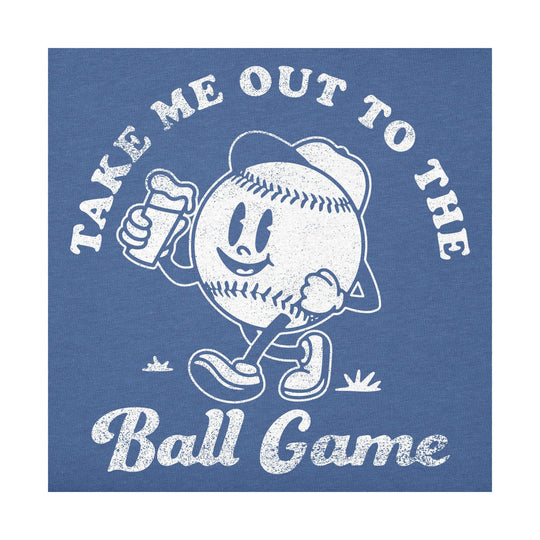 Blue graphic T-shirt with a cartoon baseball holding a beer, with visible text “TAKE ME OUT TO THE BALL GAME”