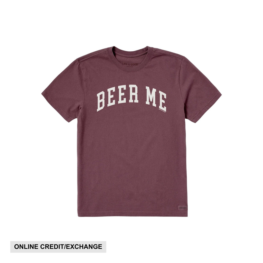 Mahogany short-sleeve crewneck T-shirt with arched “BEER ME” text on the chest