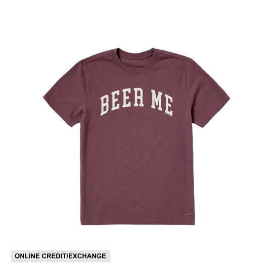 Mahogany short-sleeve crewneck T-shirt with arched “BEER ME” text on the chest