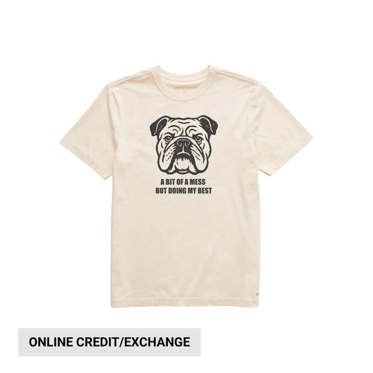 Cream short-sleeve T-shirt with a bulldog graphic and the text “A BIT OF A MESS BUT DOING MY BEST”.