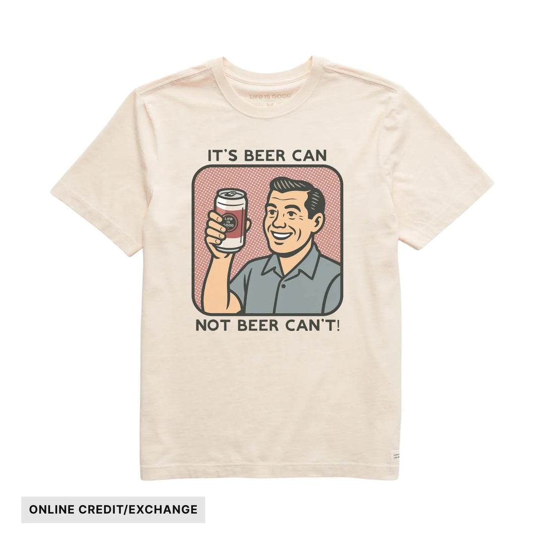 Cream short-sleeve T-shirt with a cartoon man holding a beer can and the text "IT'S BEER CAN NOT BEER CAN'T!"