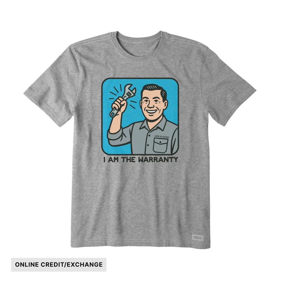 Gray short-sleeve T-shirt with a graphic of a smiling man holding a wrench and the text "I AM THE WARRANTY"