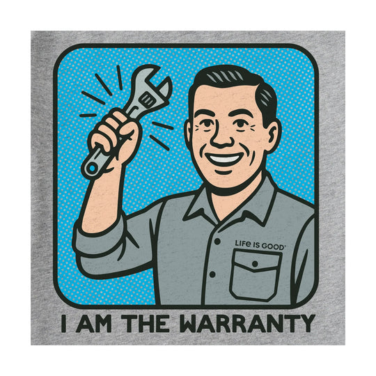 Heather gray T-shirt with a graphic of a man holding a wrench and the text “I AM THE WARRANTY”