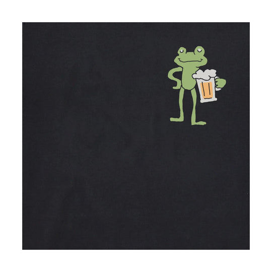 Black T-shirt graphic with a green frog holding a beer mug
