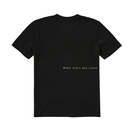 Black short-sleeve T-shirt shown from the back with small white text reading "Make every day count" on the lower back.