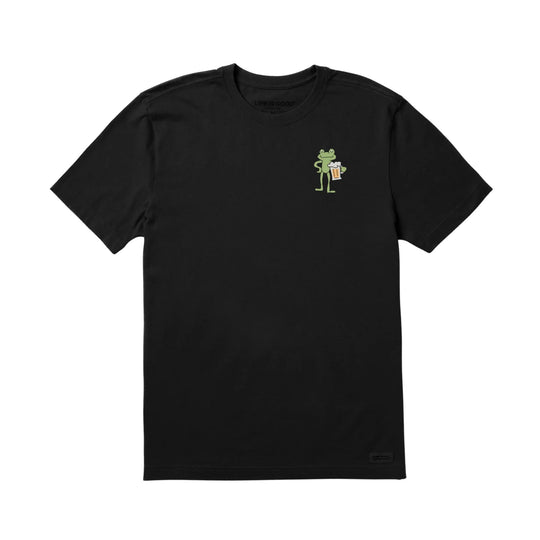 Black short-sleeve crewneck T-shirt with a small frog holding a beer graphic on the left chest