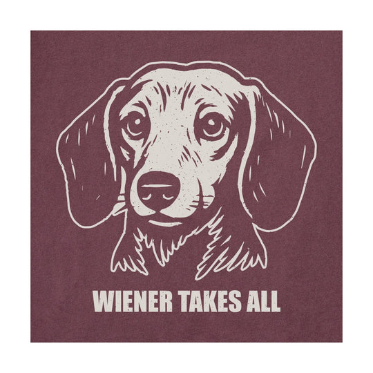 Mahogany brown graphic T-shirt with a white dachshund illustration and the text “WIENER TAKES ALL”