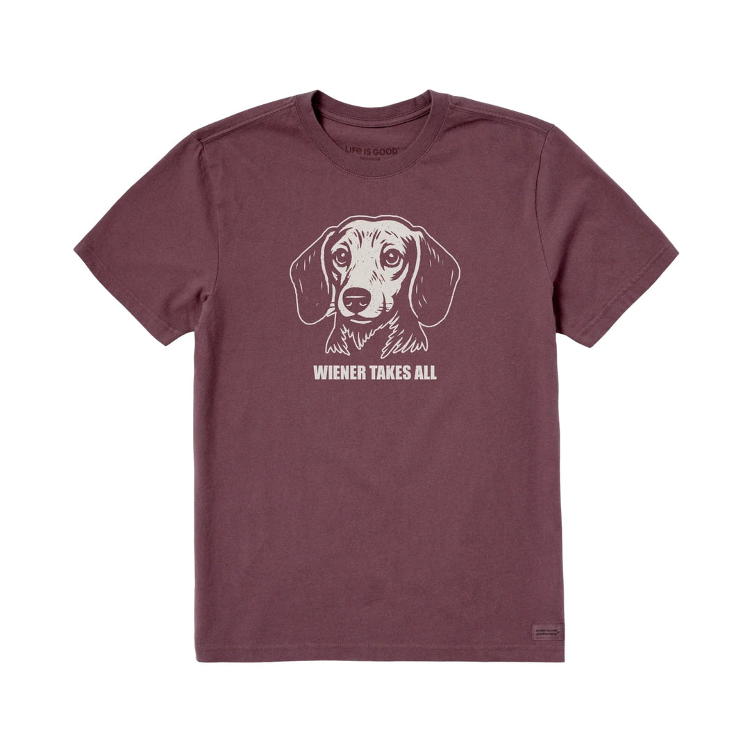 Mahogany short-sleeve T-shirt with a dachshund graphic and the text "Wiener Takes All"