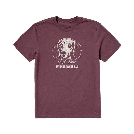 Mahogany short-sleeve T-shirt with a dachshund graphic and the text "Wiener Takes All"