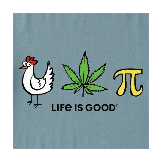 Blue T-shirt graphic with a cartoon chicken, cannabis leaf, pi symbol, and the text LIFE IS GOOD