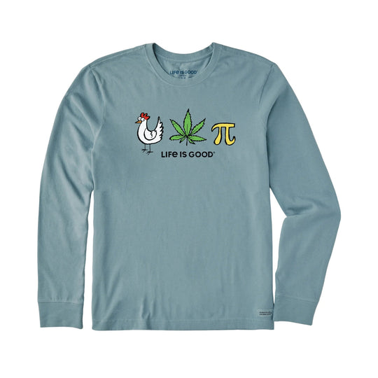 Light blue long-sleeve T-shirt with a chicken, marijuana leaf, and pi symbol graphic on the chest