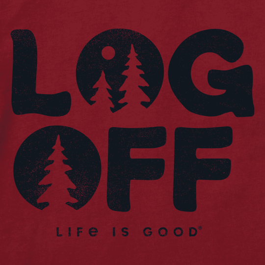 Red graphic tee with large black "LOG OFF" text and tree shapes inside the O letters