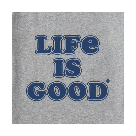 Gray T-shirt with large blue "Life Is Good" text graphic