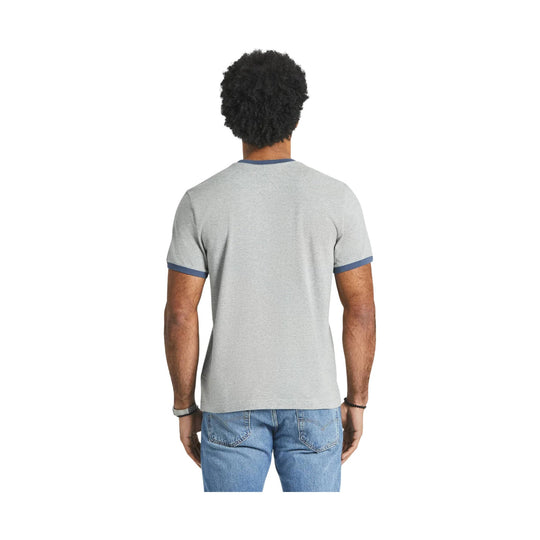 Heather gray ringer T-shirt shown from the back with blue collar and sleeve trim