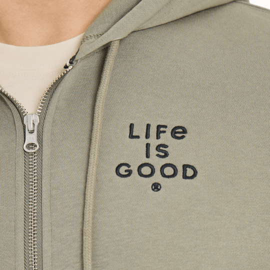 Olive zip hoodie with embroidered "Life Is Good" text on the chest