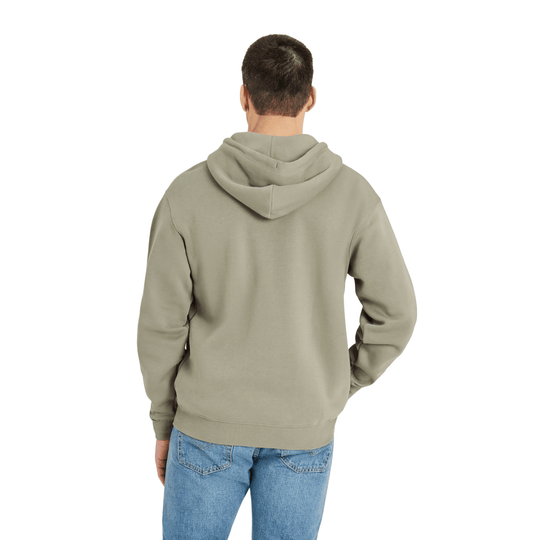 Moss green fleece zip hoodie shown from the back with a hood and ribbed hem