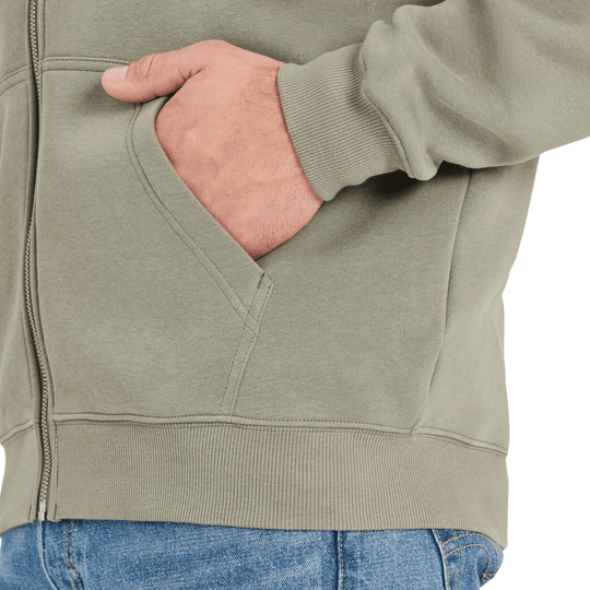Moss green fleece zip hoodie with ribbed cuffs and front hand pocket, shown in side view