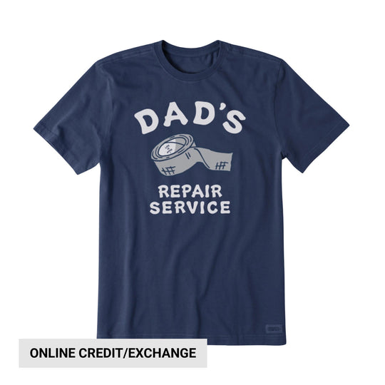 Navy short-sleeve T-shirt with arched "DAD'S" graphic, tape illustration, and "REPAIR SERVICE" text