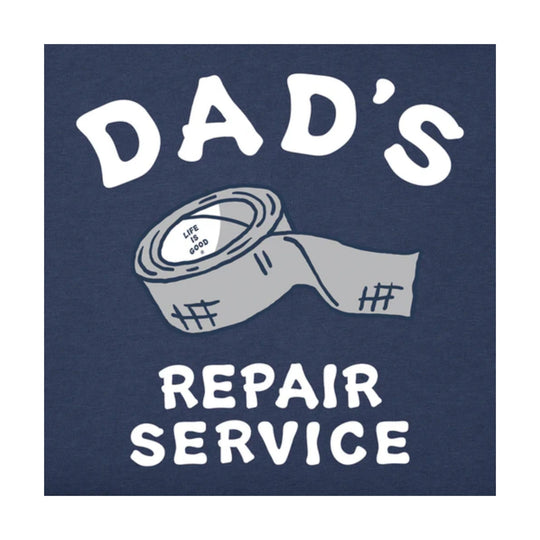 Navy graphic T-shirt design with “DAD’S REPAIR SERVICE” and a tape spool illustration