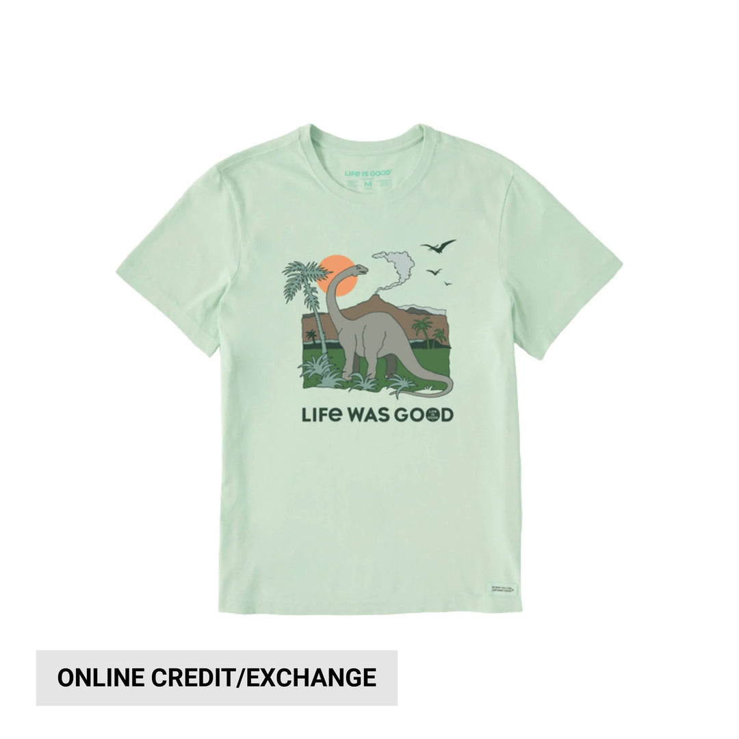 Mint green short-sleeve graphic T-shirt with a dinosaur and sunset print