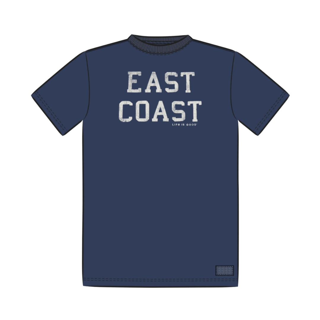 Navy short-sleeve T-shirt with large distressed “EAST COAST” graphic on the front