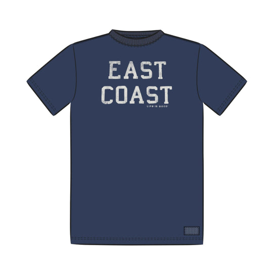 Navy short-sleeve T-shirt with large distressed “EAST COAST” graphic on the front