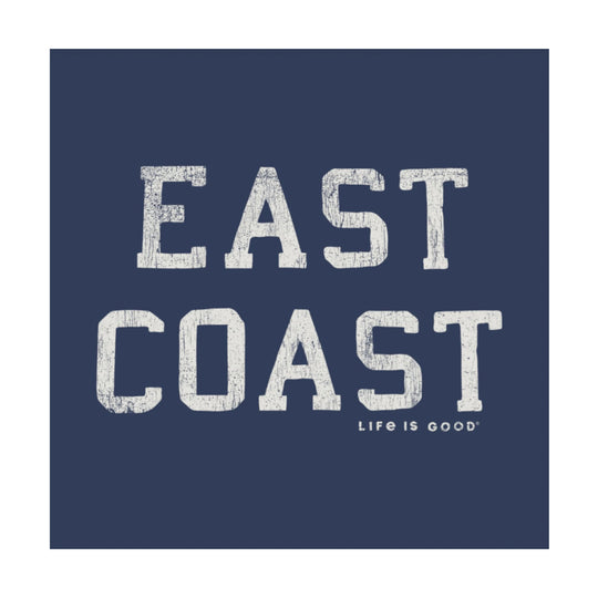 Navy graphic T-shirt with large distressed "EAST COAST" text