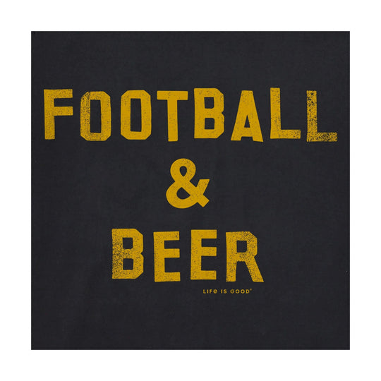 Black graphic T-shirt with yellow distressed text reading "FOOTBALL & BEER"