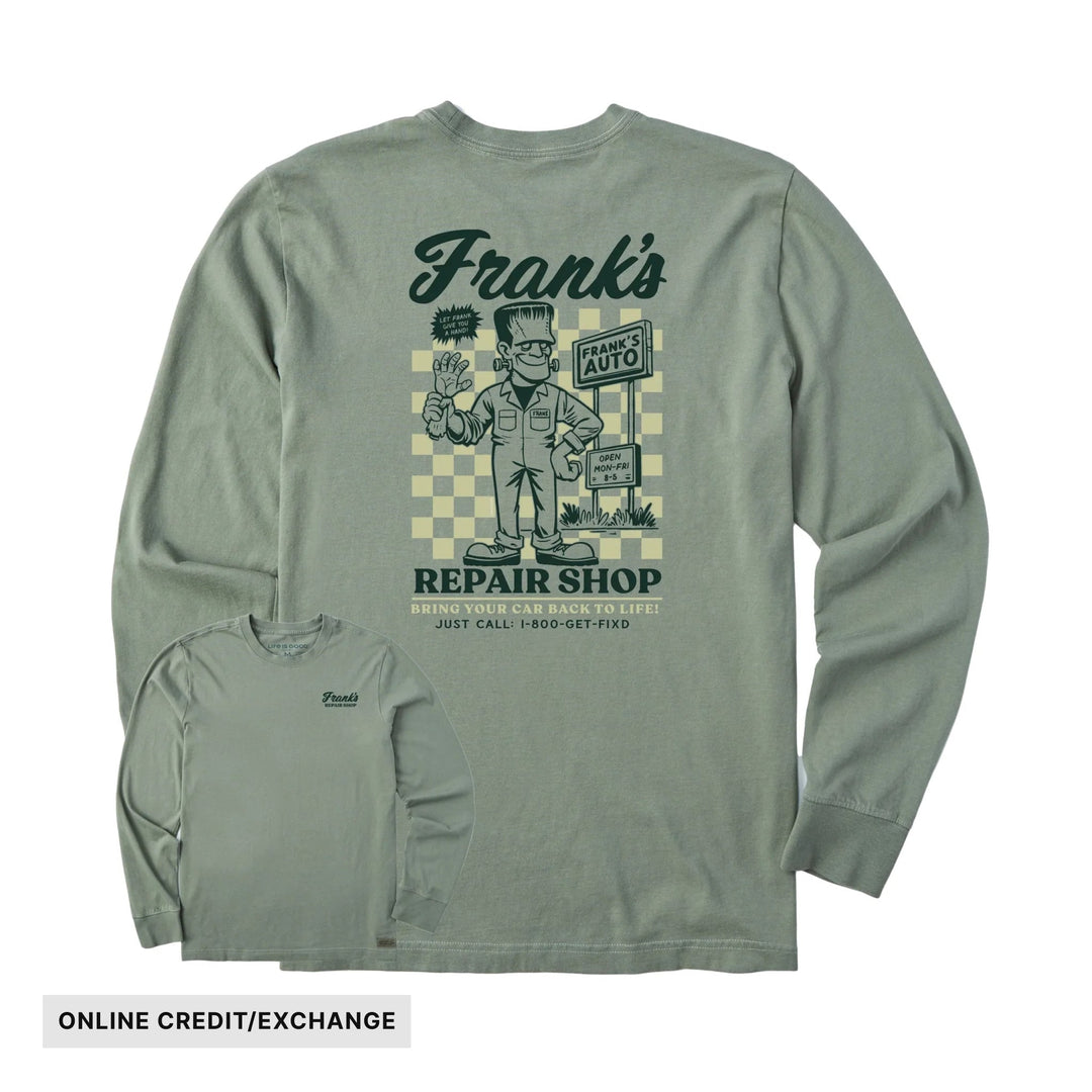 Moss green long-sleeve T-shirt with a large vintage-style garage graphic and text on the back