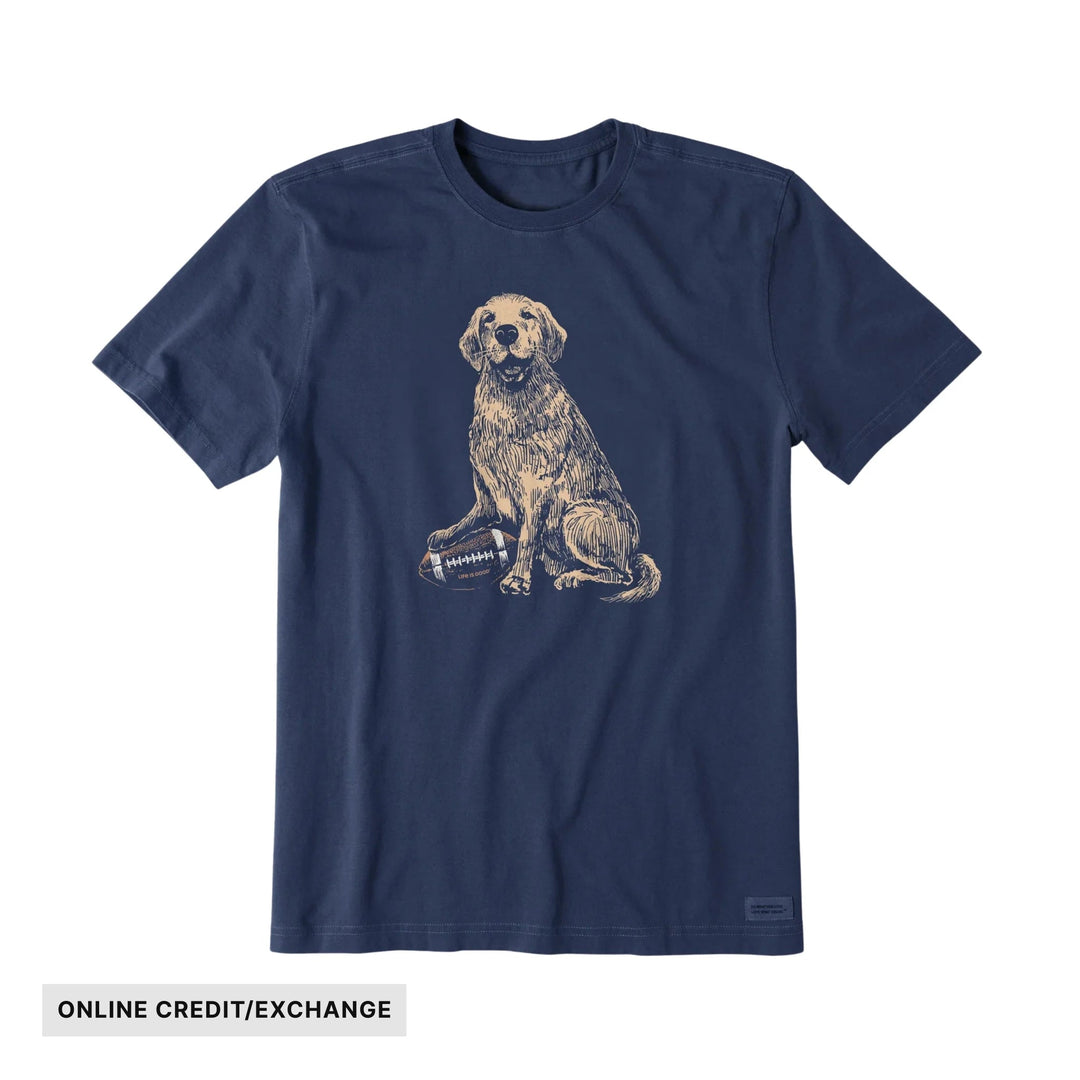 Navy short-sleeve T-shirt with a seated golden retriever and football graphic