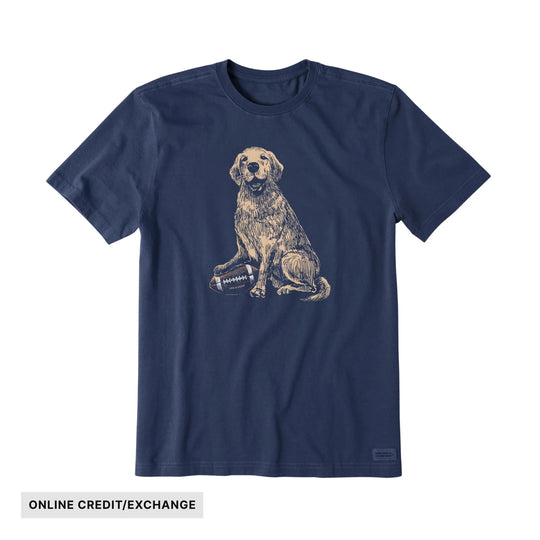 Navy short-sleeve T-shirt with a seated golden retriever and football graphic