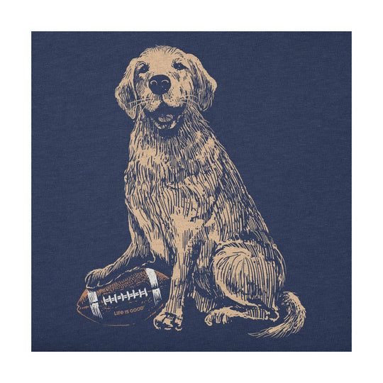 Navy T-shirt with a golden retriever sitting beside a football and the text “LIFE IS GOOD”