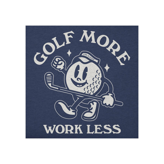 Navy graphic T-shirt with cartoon golfer, golf club, and “GOLF MORE WORK LESS” text