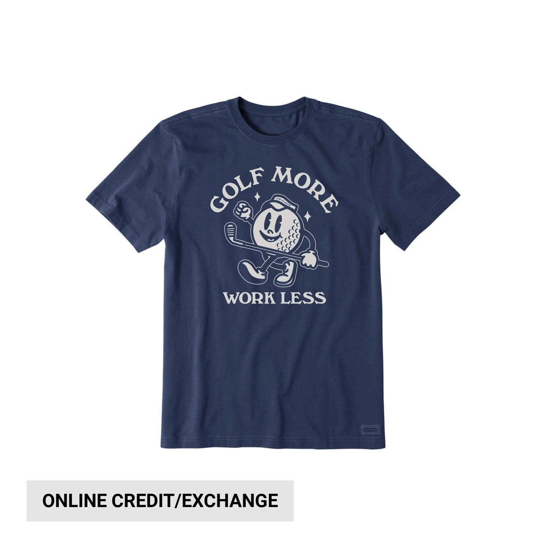 Navy graphic T-shirt with a golf ball mascot and the text "GOLF MORE WORK LESS"